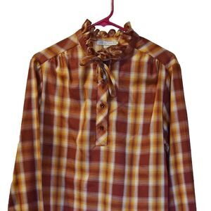Vintage Lady Caribou Brand Blouse Top Red-Orange Plaid Size 38-USA Size 8-M